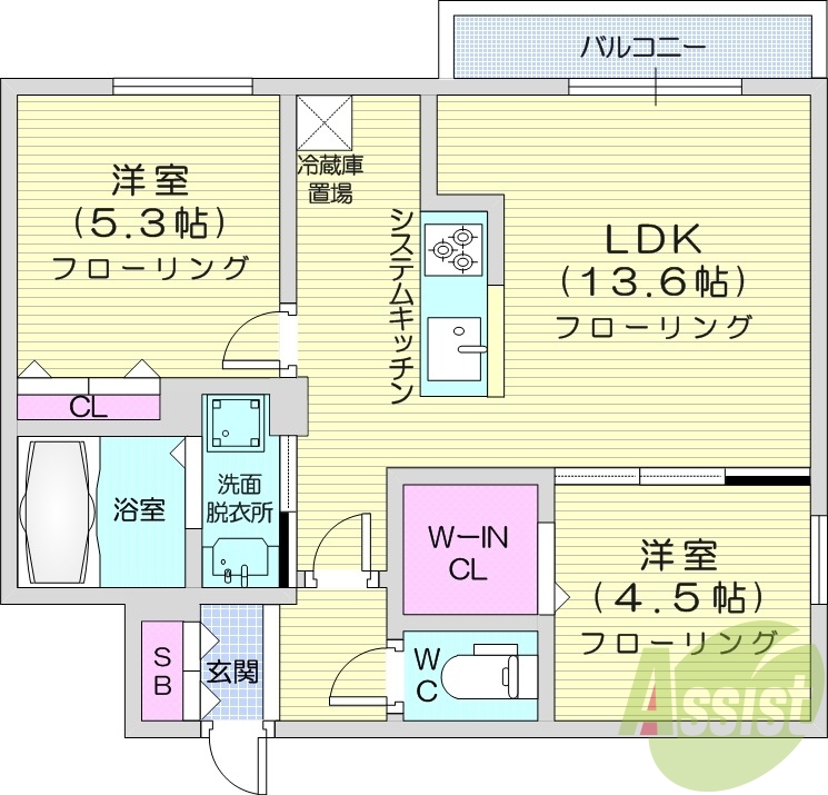 2LDK、エアコン、ネット無料、システムキッチン