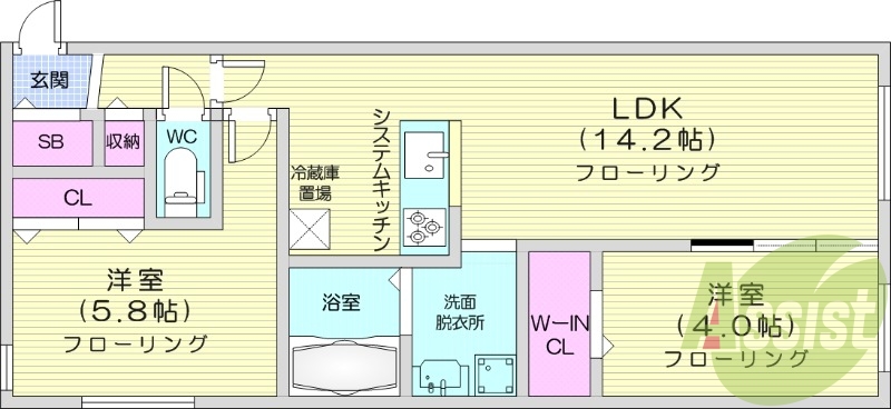 2LDK、都市ガス、エアコン、システムキッチン、ネット無料
