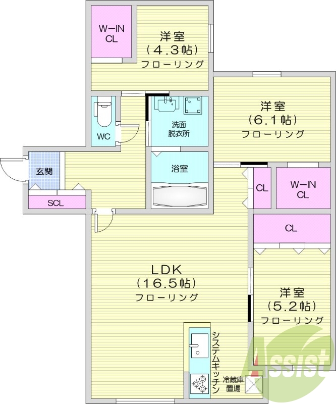 3LDK、エアコン、都市ガス、ネット無料