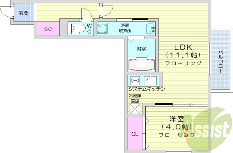 1LDK、エアコン、都市ガス、システムキッチン
