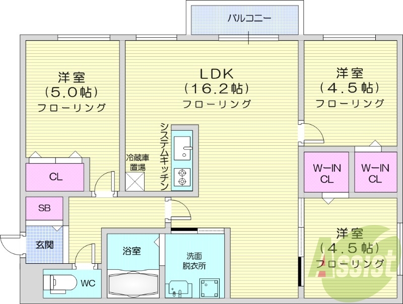 3LDK、エアコン、都市ガス、システムキッチン