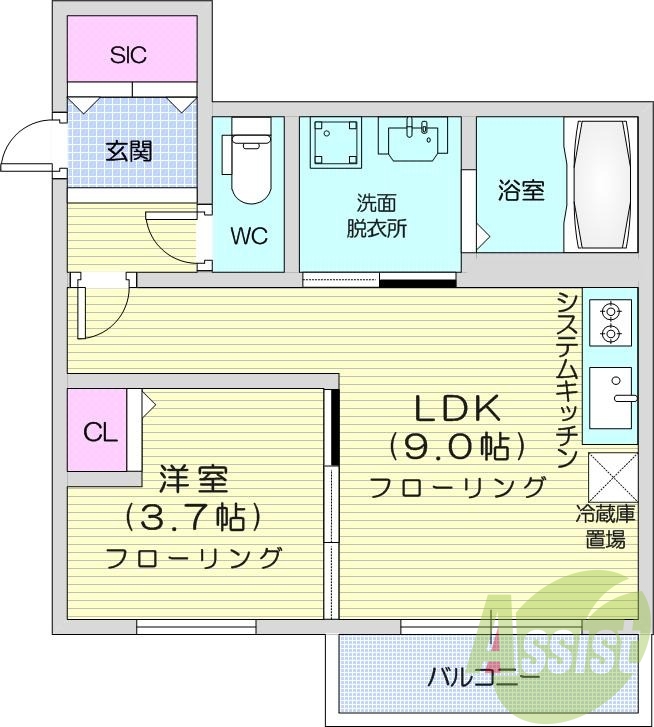 1LDK、エアコン、都市ガス、システムキッチン