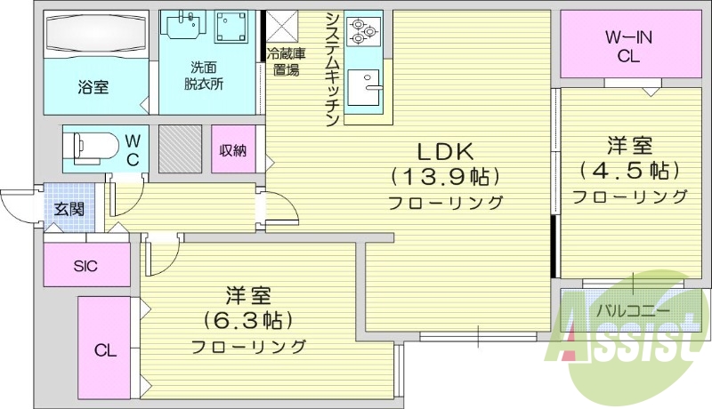 2LDK、エアコン、都市ガス、システムキッチン