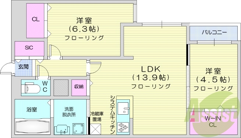 2LDK、エアコン、都市ガス、システムキッチン