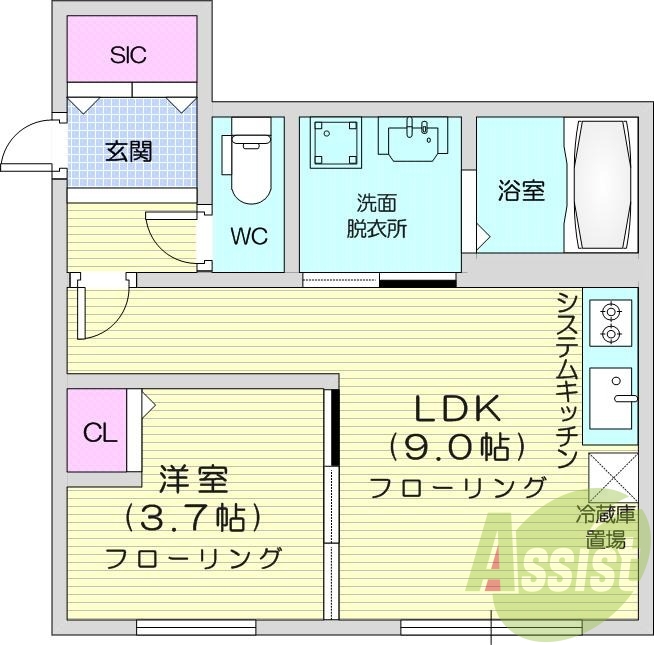 1LDK、エアコン、都市ガス、システムキッチン