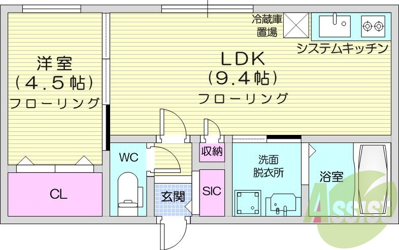 1LDK、エアコン、都市ガス、システムキッチン