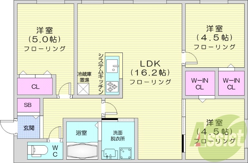 3LDK、エアコン、都市ガス、システムキッチン