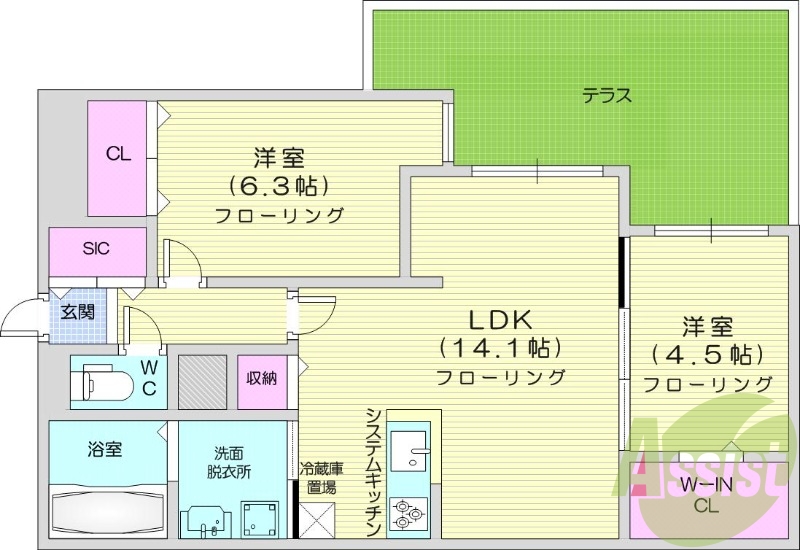 2LDK、エアコン、都市ガス、システムキッチン