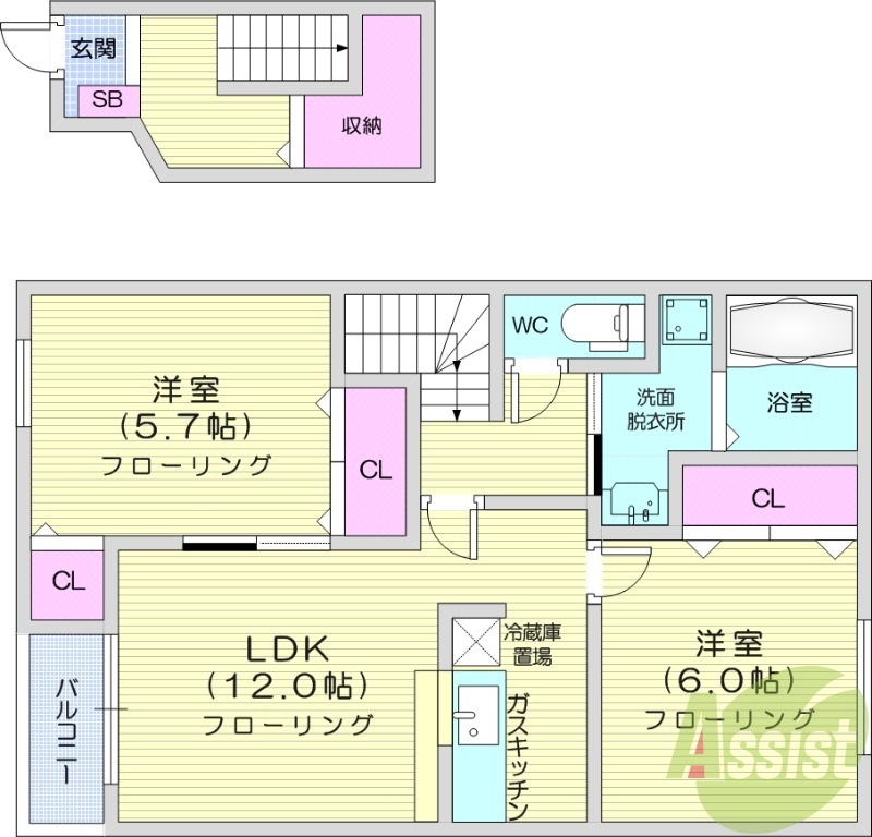 2LDK、エアコン、追い焚き、浴室乾燥、モニターホン