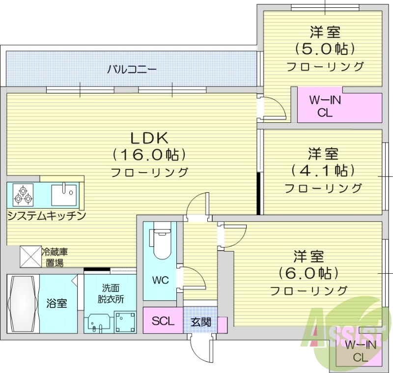 3LDK、エアコン、都市ガス、バルコニー、システムキッチン