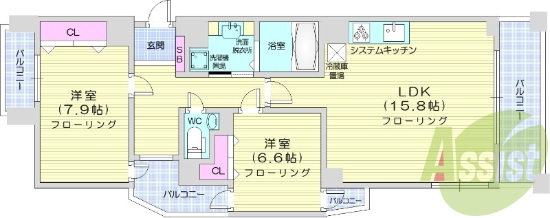 1LDK、バルコニー、クローゼット、追い焚き、浴室乾燥機
