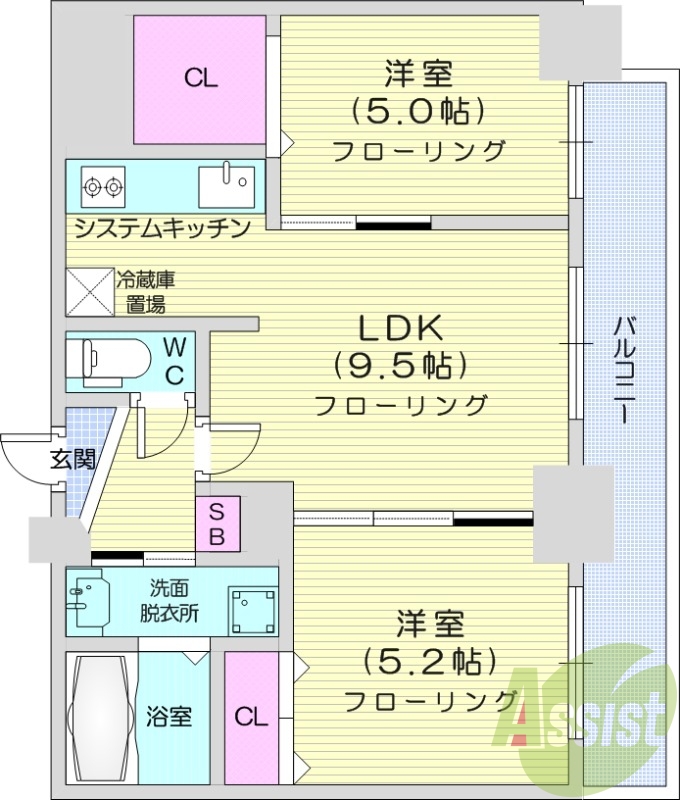 2LDK、システムキッチン、エアコン、シャンプードレッサー