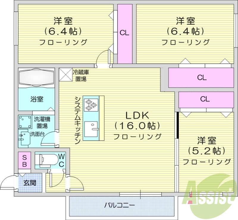 3LDK、都市ガス、ネット無料、システムキッチン