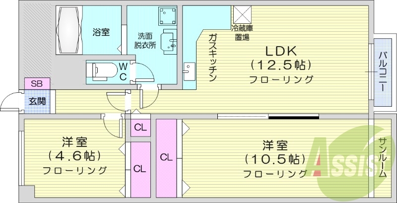 2LDK、エアコン、独立洗面台、オートロック