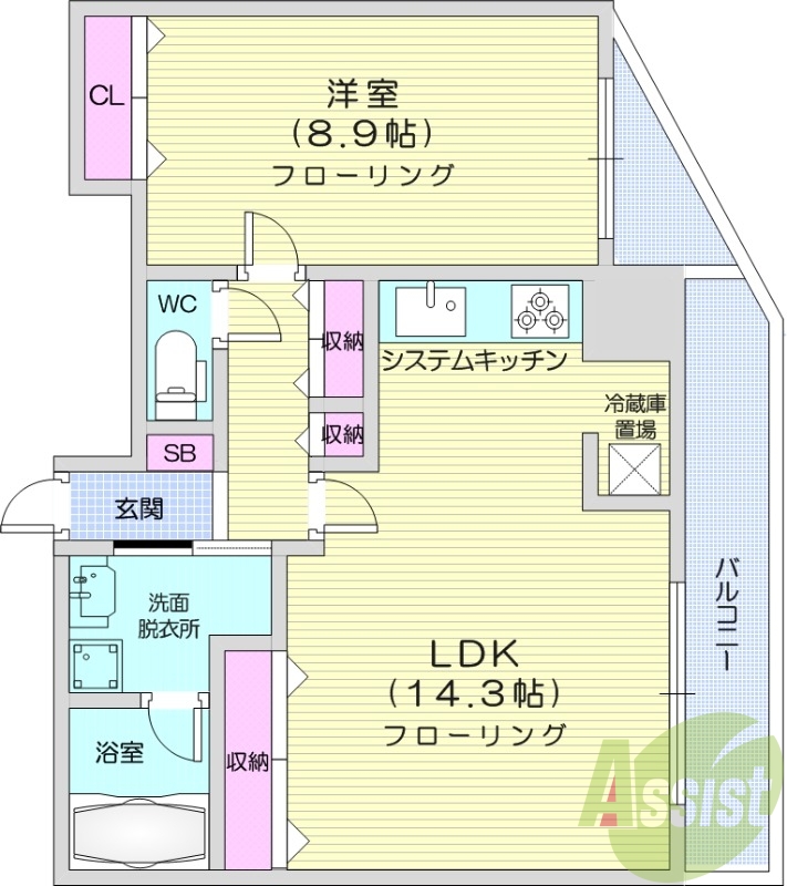 1LDK、都市ガス、オートロック、システムキッチン