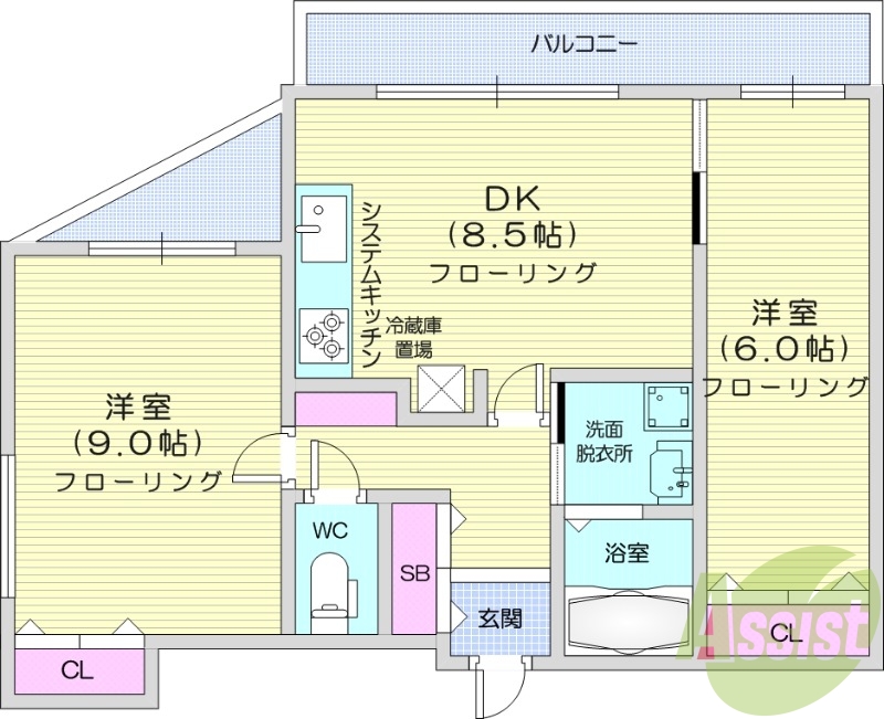 2LDK、都市ガス、オートロック、システムキッチン
