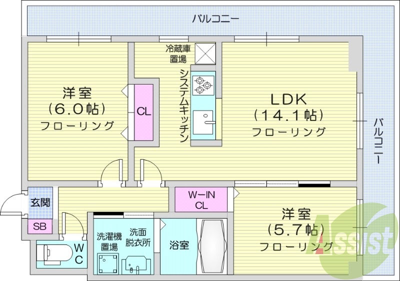 2LDK、システムキッチン、光ファイバー、宅配ボックス