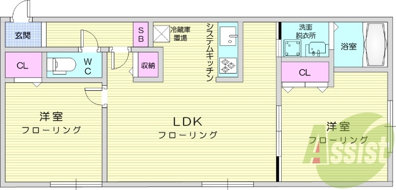 2LDK、エアコン、都市ガス、システムキッチン、独立洗面台