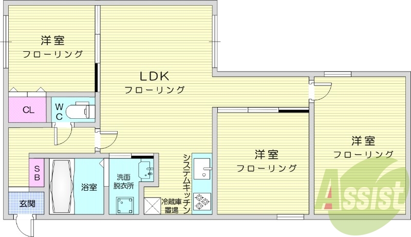 3LDK、エアコン、都市ガス、システムキッチン、独立洗面台