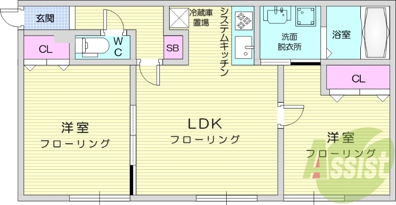 2LDK、都市ガス、エアコン、独立洗面台、システムキッチン