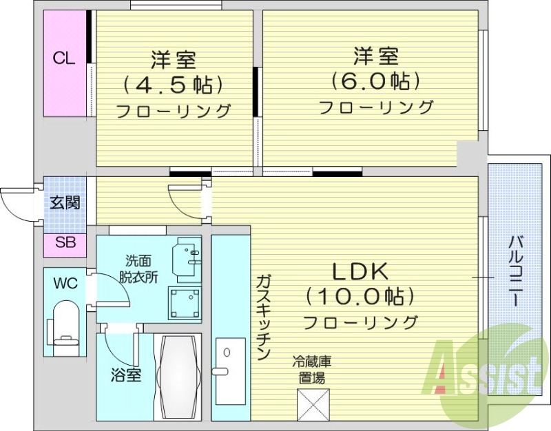 2LDK、バルコニー、独立洗面台