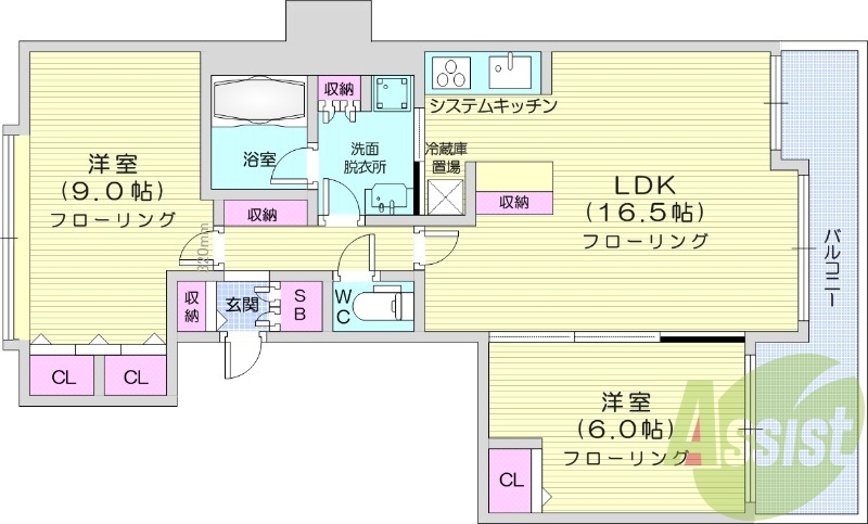 2LDK、システムキッチン、分譲、追い焚き、浴室乾燥機