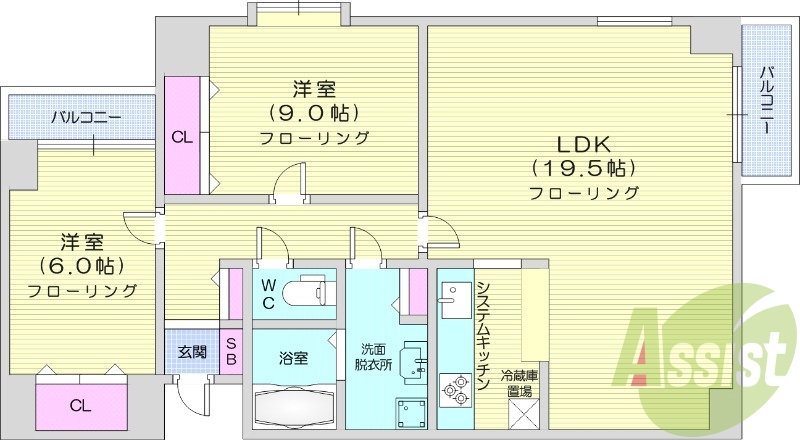2LDK、都市ガス、角部屋、システムキッチン