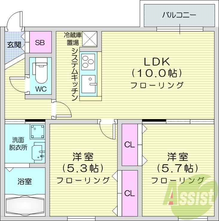 2LDK、都市ガス、エアコン、システムキッチン、