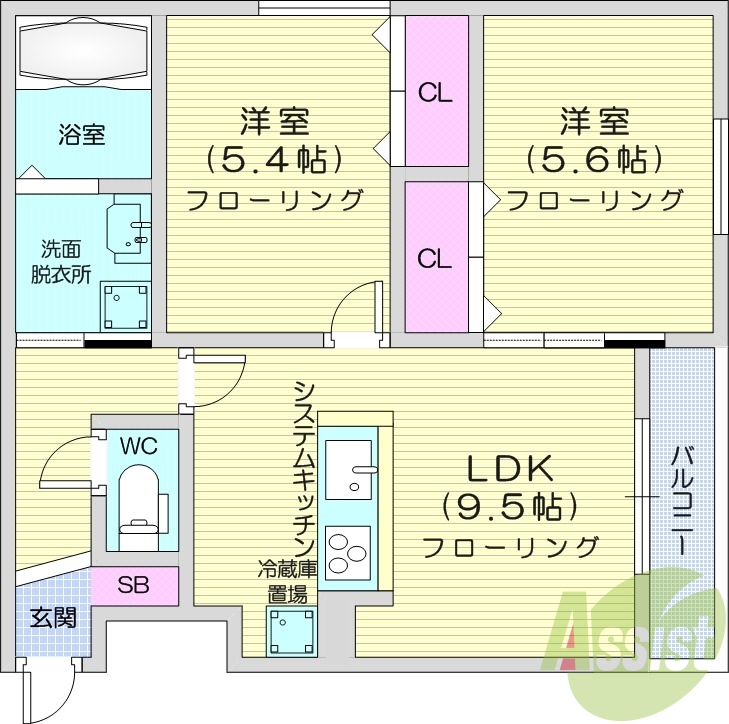2LDK、都市ガス、エアコン、システムキッチン、