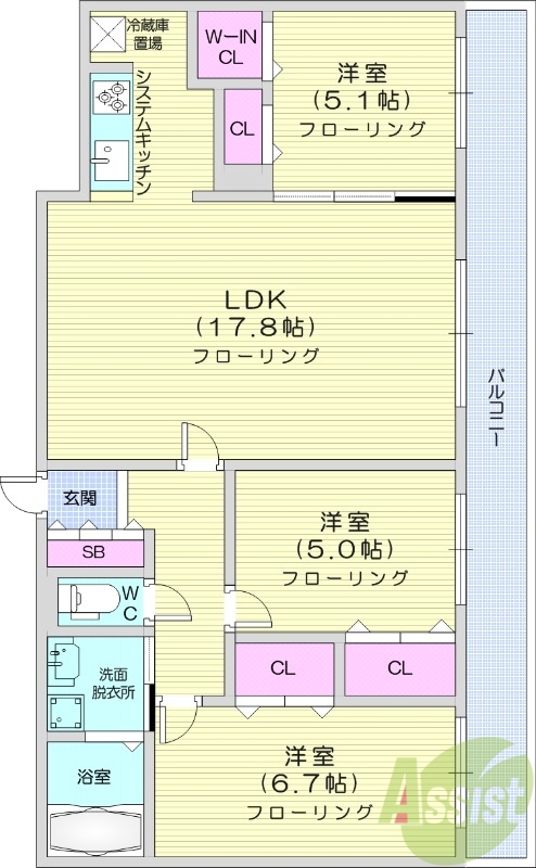 3LDK、都市ガス、エアコン、オートロック