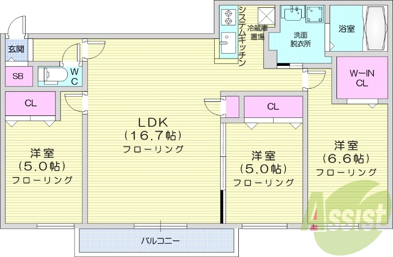 3LDK、エアコン、オートロック、バストイレ別