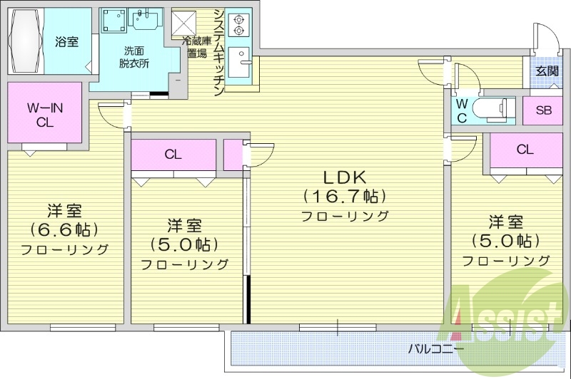 3LDK、都市ガス、バルコニー、エアコン