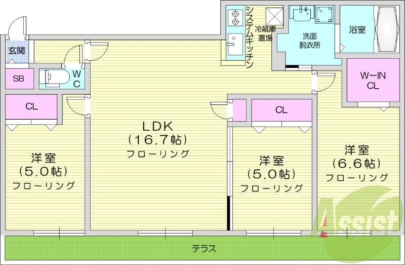 3LDK、エアコン、オートロック、バストイレ別
