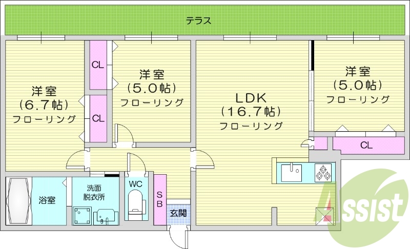 3LDK、都市ガス、エアコン、独立洗面台