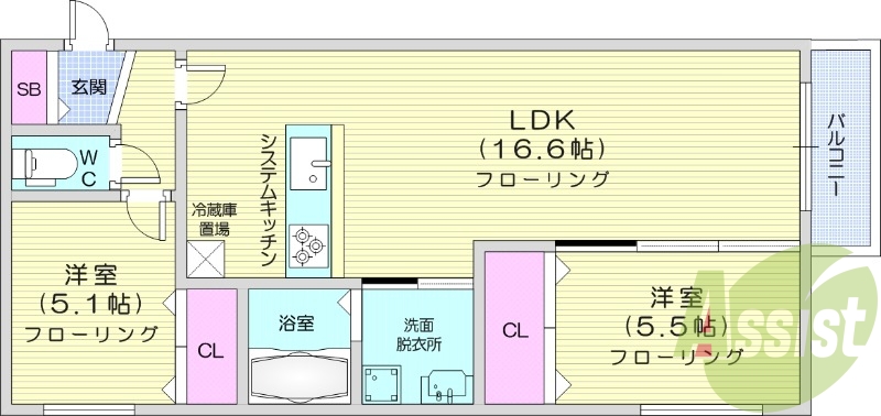 2LDK、都市ガス、角部屋、追い焚き、システムキッチン