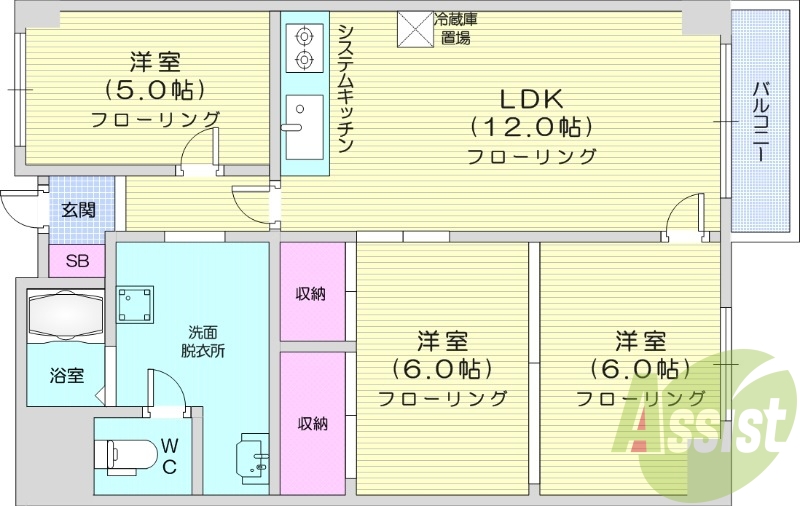 3LDK、エアコン、灯油暖房、ガスキッチン、オートロック