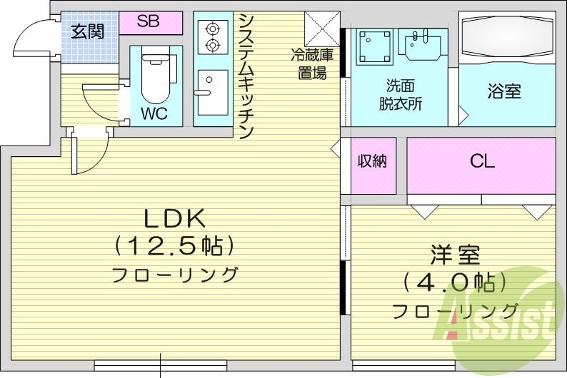 1LDK、エアコン、システムキッチン、浴室乾燥機