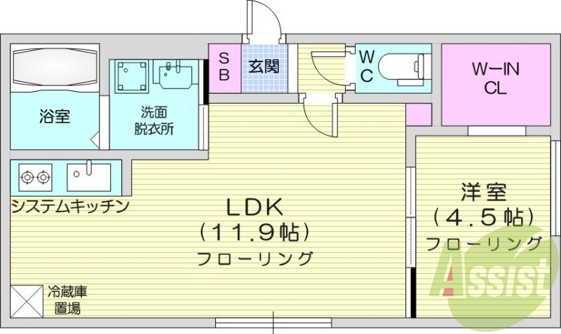 1LDK、エアコン、システムキッチン、浴室乾燥機
