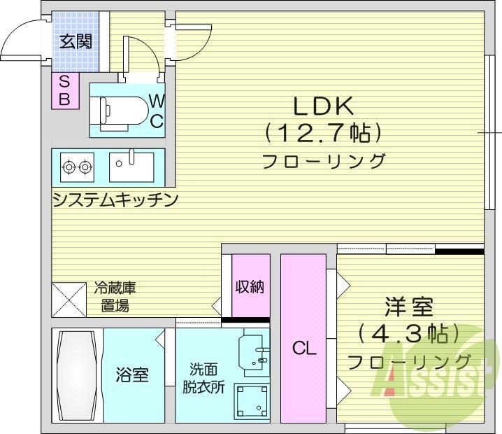 1LDK、エアコン、システムキッチン、浴室乾燥機