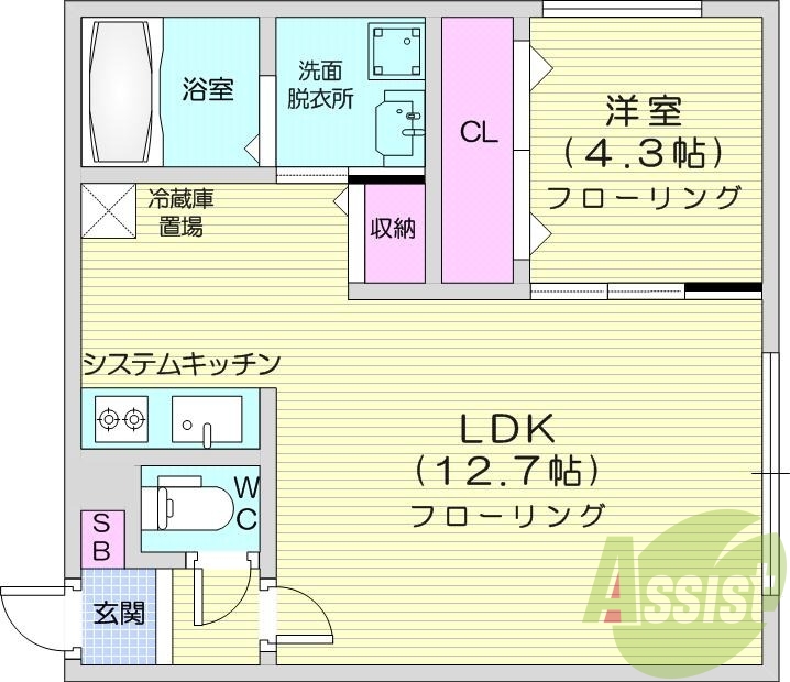1LDK、エアコン、システムキッチン、ネット無料