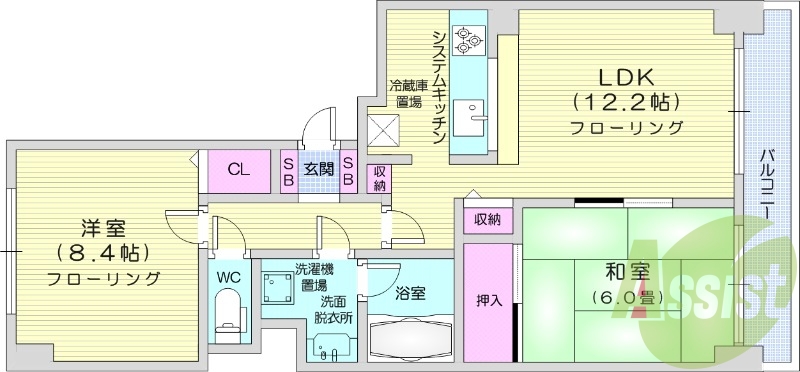2LDK、クローゼット、洗面脱衣所、システムキッチン