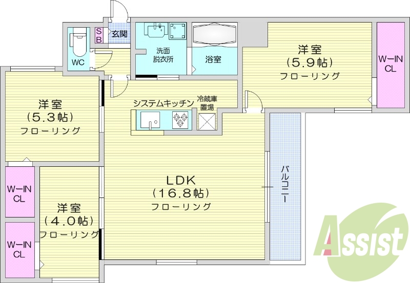 3LDK、都市ガス、エアコン、追い焚き、浴室乾燥機