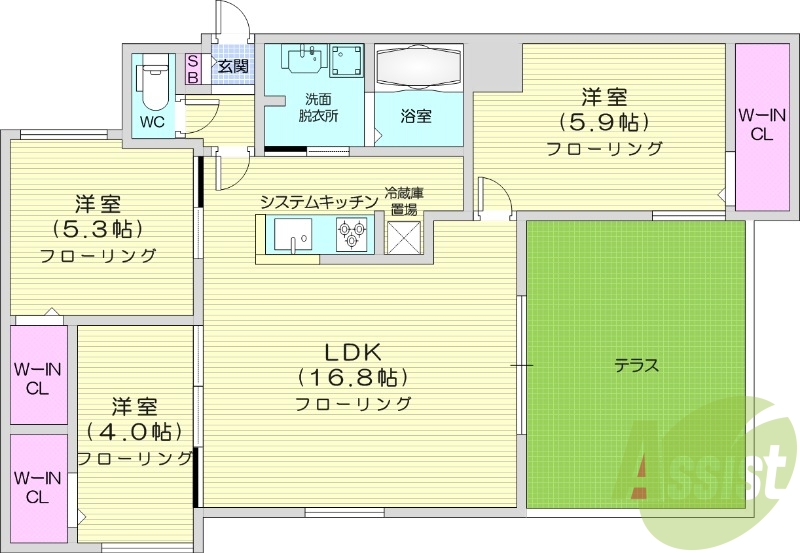 3LDK、都市ガス、エアコン、追い焚き、浴室乾燥機