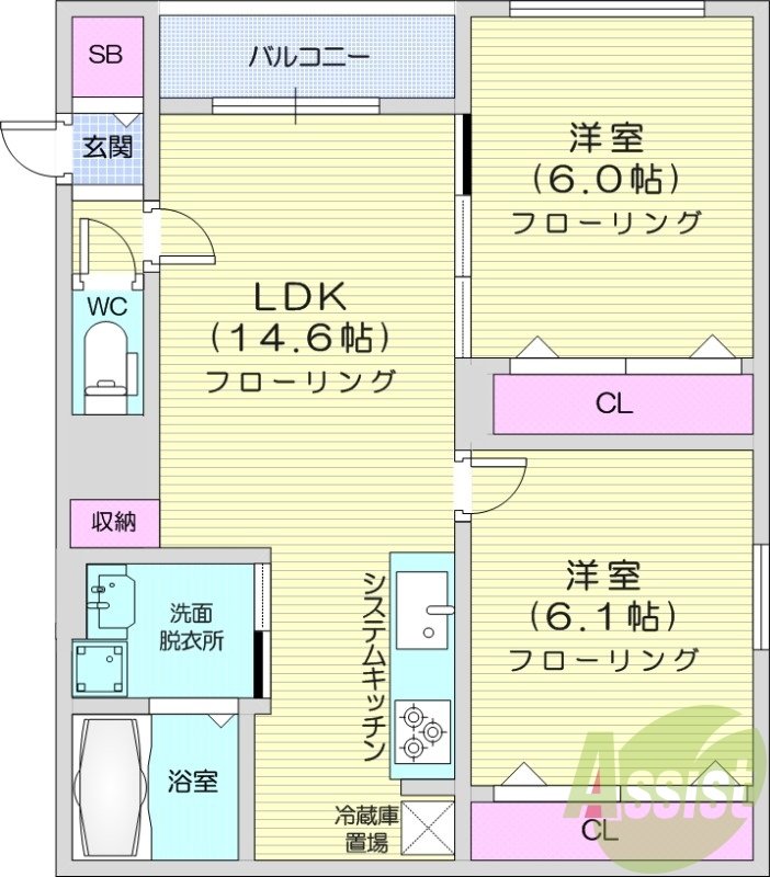 2LDK、エアコン、システムキッチン、追い焚き
