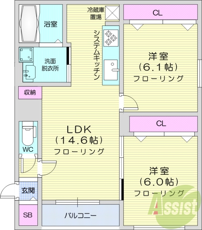 2LDK、エアコン、システムキッチン、追い焚き