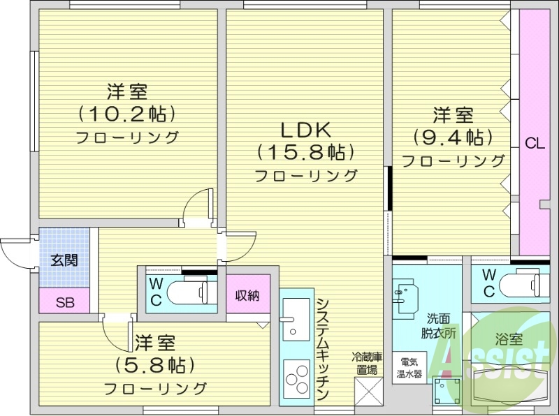 3LDK、システムキッチン、バストイレ別