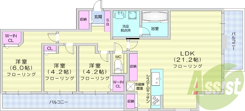 3LDK、分譲、システムキッチン、追い焚き、浴室乾燥機