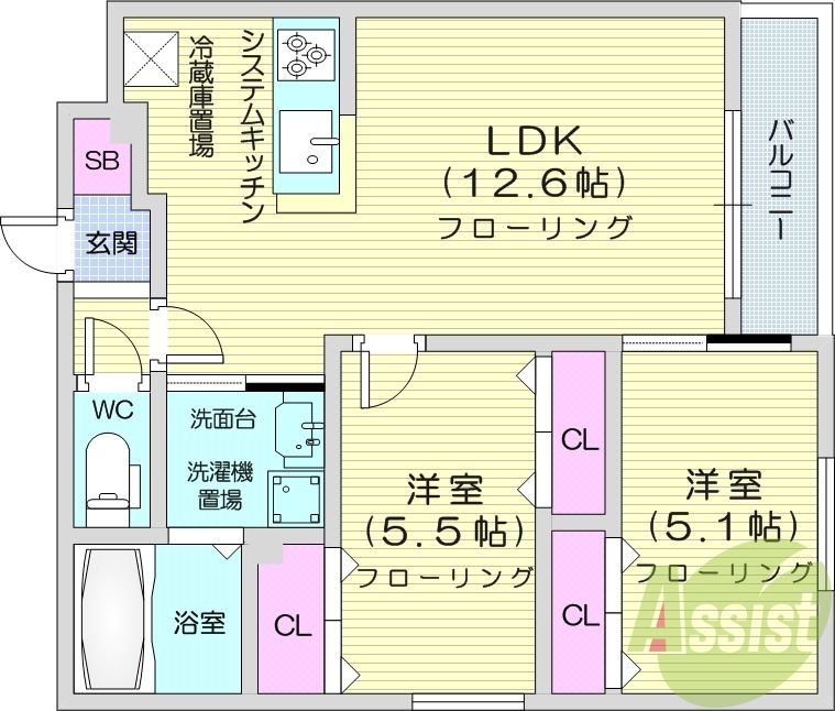 2LDK、エアコン、浴室乾燥機、独立洗面台、システムキッチン
