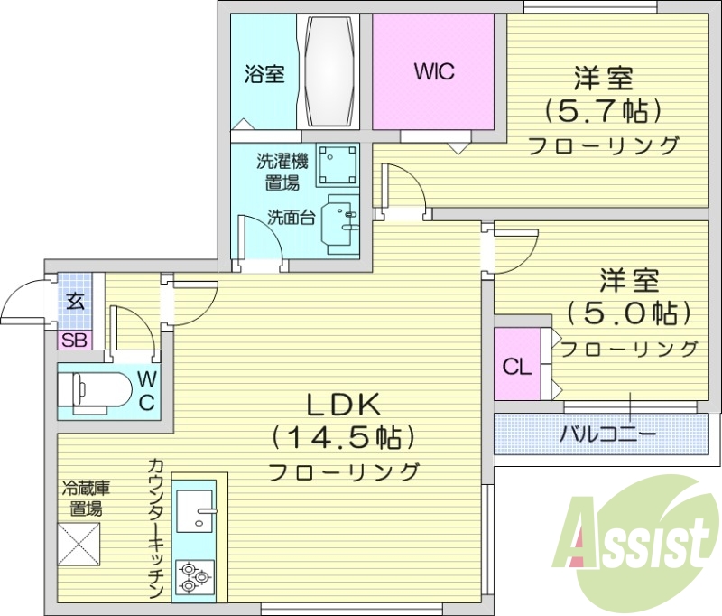 2LDK、エアコン、ネット無料、シャワートイレ、追い焚き