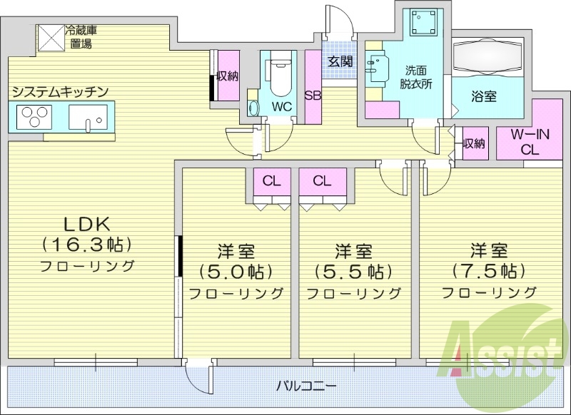 3LDK、都市ガス、システムキッチン、追い焚き、浴室乾燥機